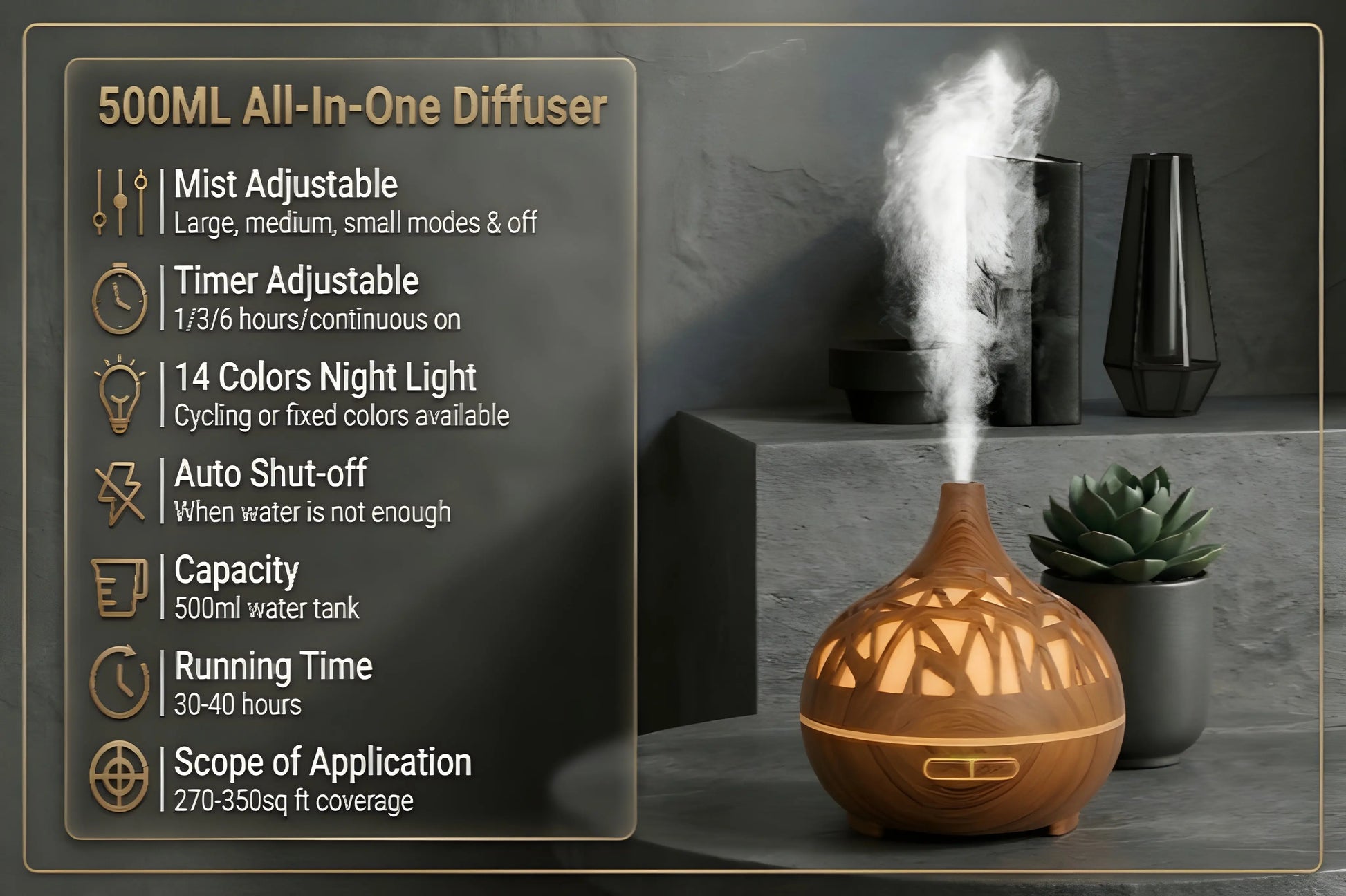 Wooden Lattice Ultrasonic Aroma Diffuser – 300ML | Essential Oil Humidifier - BaytNova