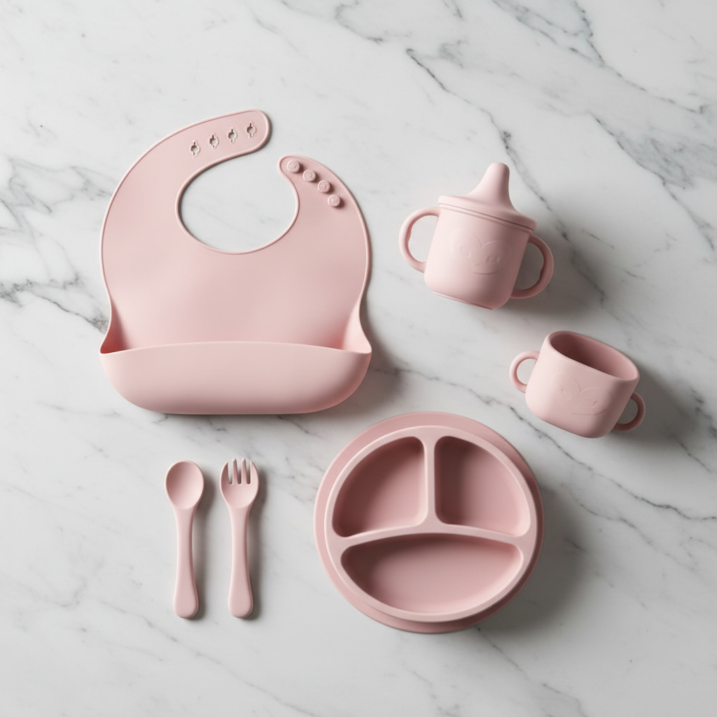 Flat lay of silicone baby cutlery set