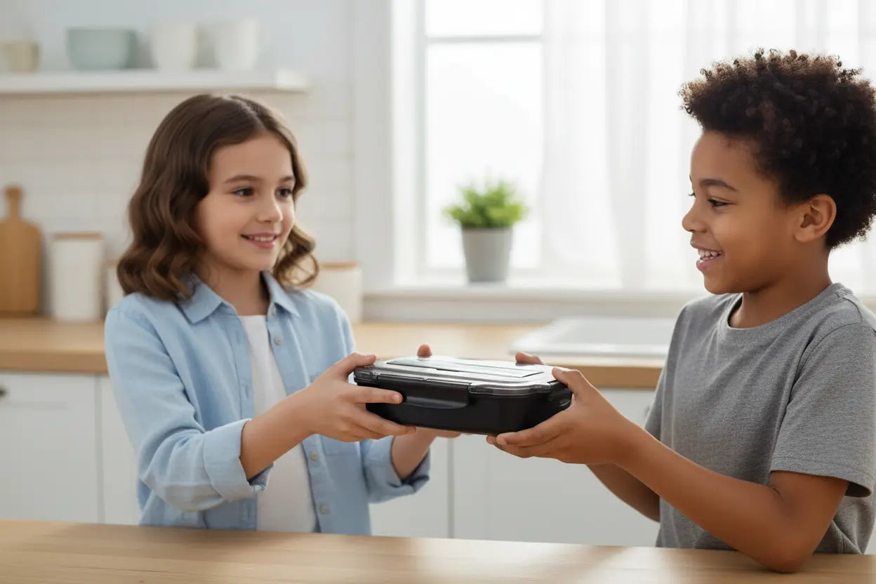 Girl handing lunch box to boy