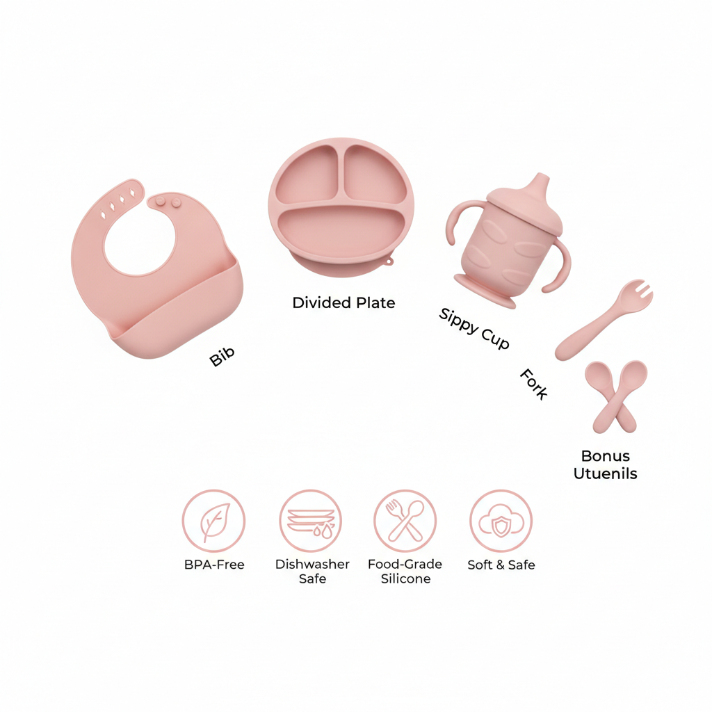 Infographic labeled silicone baby cutlery set