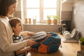 Mom packing lunch box in son's school bag