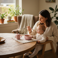 Mother feeding baby with silicone spoon