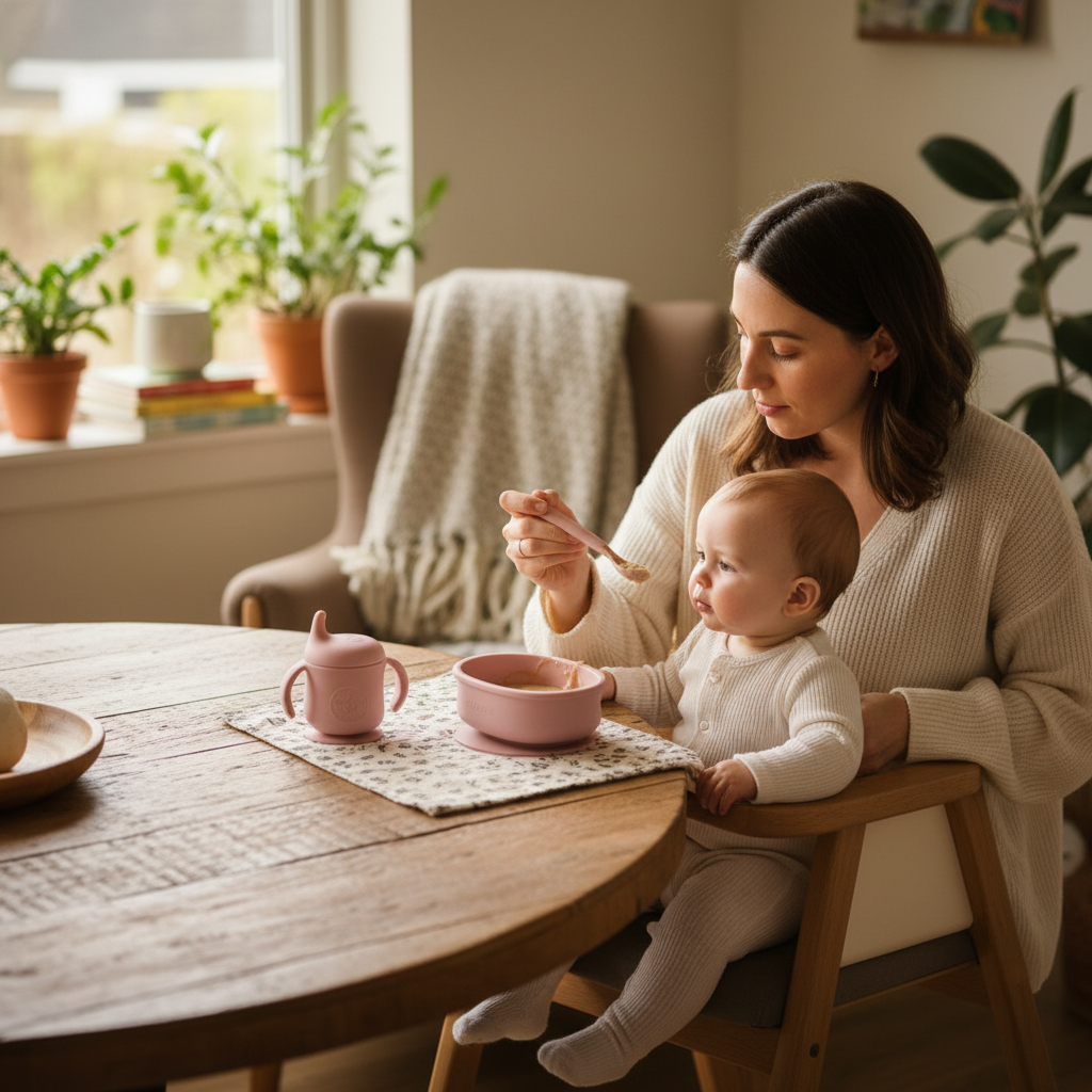 Mother feeding baby with silicone spoon